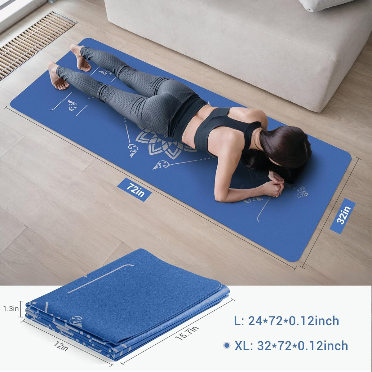 Yoga Mat Foldable - Textured Non Slip Exercise Mat -Travel Lightweight Hot Yoga Mat with Carry Bag for Pilates & Home Workouts (72" L x 32" W x 3mm Thick)