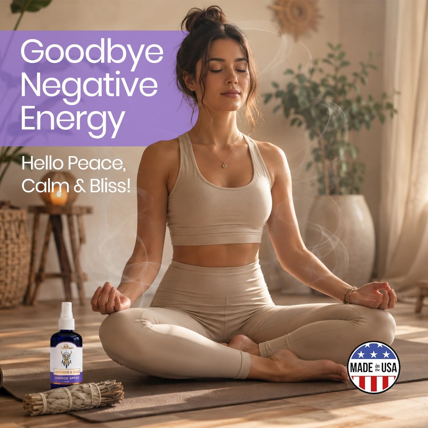 Lavender & Sage Smudge Spray (114ml), Lavender Spray with White Sage Aromatherapy Mist, Calm & Cleansing Negative Energy, Spiritual Room Spray, Smokeless Smudge Spray, Yoga Spray (Made in USA)