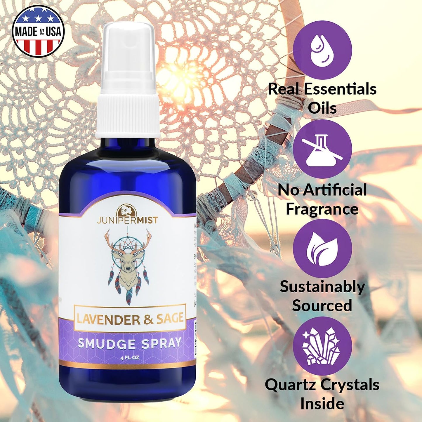 Lavender & Sage Smudge Spray (114ml), Lavender Spray with White Sage Aromatherapy Mist, Calm & Cleansing Negative Energy, Spiritual Room Spray, Smokeless Smudge Spray, Yoga Spray (Made in USA)