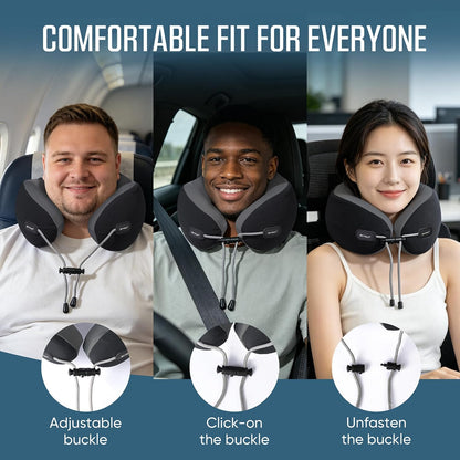 ® Premium Ergonomic Memory Foam Travel Neck Pillow, Washable Cooling Ice Silk Cover, Firm Neck Support for Airplane Long Flights & Pain Relief, with Portable Carry Case (Grey)