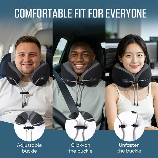 ® Premium Ergonomic Memory Foam Travel Neck Pillow, Washable Cooling Ice Silk Cover, Firm Neck Support for Airplane Long Flights & Pain Relief, with Portable Carry Case (Grey)