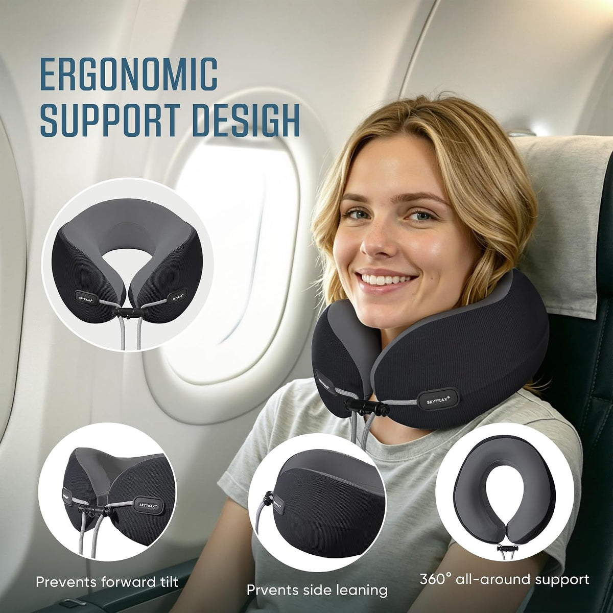 ® Premium Ergonomic Memory Foam Travel Neck Pillow, Washable Cooling Ice Silk Cover, Firm Neck Support for Airplane Long Flights & Pain Relief, with Portable Carry Case (Grey)
