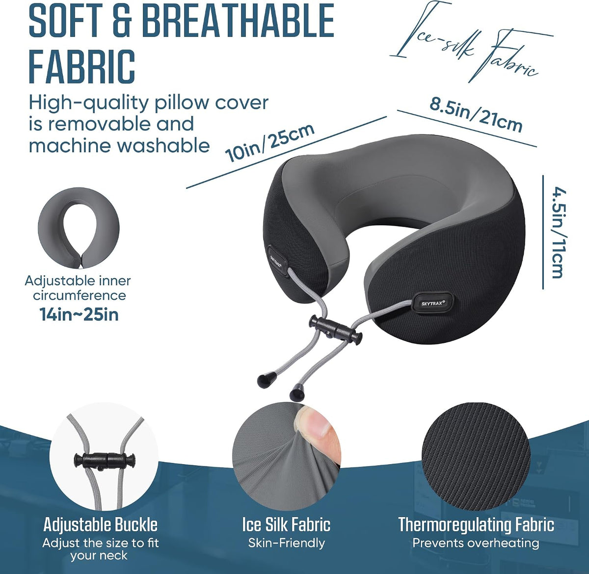 ® Premium Ergonomic Memory Foam Travel Neck Pillow, Washable Cooling Ice Silk Cover, Firm Neck Support for Airplane Long Flights & Pain Relief, with Portable Carry Case (Grey)