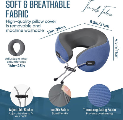 ® Premium Ergonomic Memory Foam Travel Neck Pillow, Washable Cooling Ice Silk Cover, Firm Neck Support for Airplane Long Flights & Pain Relief, with Portable Carry Case (Grey)