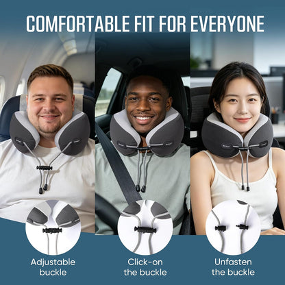 ® Premium Ergonomic Memory Foam Travel Neck Pillow, Washable Cooling Ice Silk Cover, Firm Neck Support for Airplane Long Flights & Pain Relief, with Portable Carry Case (Grey)