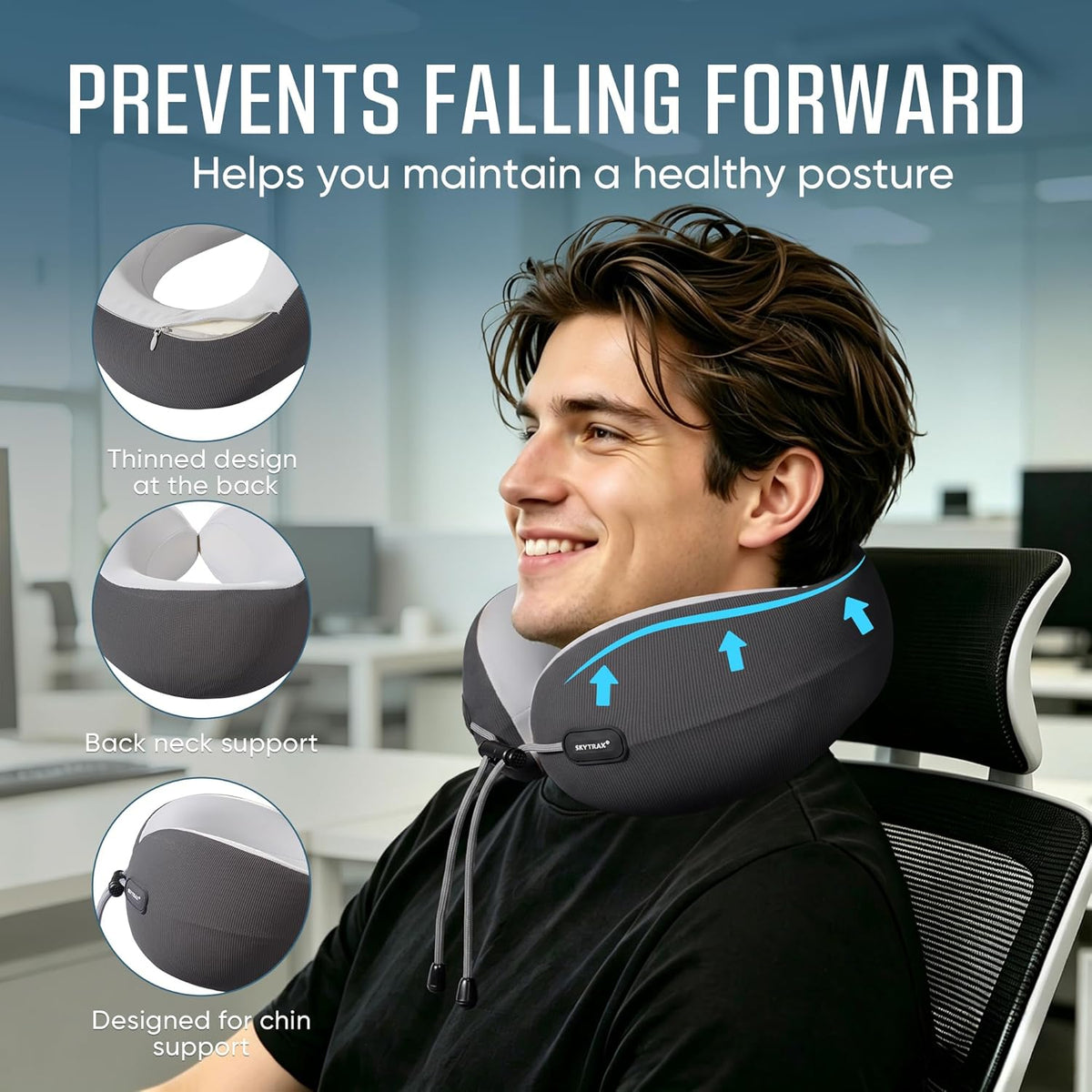 ® Premium Ergonomic Memory Foam Travel Neck Pillow, Washable Cooling Ice Silk Cover, Firm Neck Support for Airplane Long Flights & Pain Relief, with Portable Carry Case (Grey)