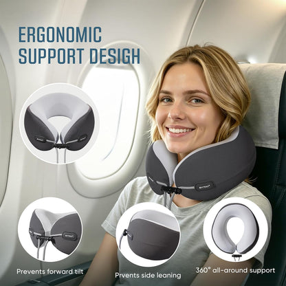 ® Premium Ergonomic Memory Foam Travel Neck Pillow, Washable Cooling Ice Silk Cover, Firm Neck Support for Airplane Long Flights & Pain Relief, with Portable Carry Case (Grey)