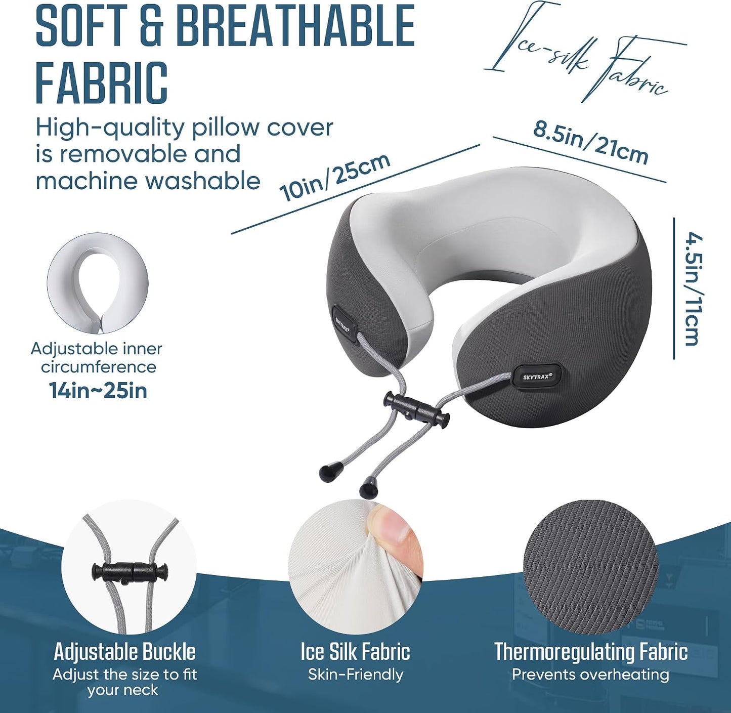 ® Premium Ergonomic Memory Foam Travel Neck Pillow, Washable Cooling Ice Silk Cover, Firm Neck Support for Airplane Long Flights & Pain Relief, with Portable Carry Case (Grey)