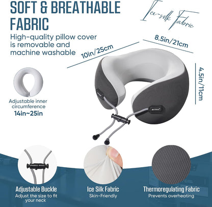 ® Premium Ergonomic Memory Foam Travel Neck Pillow, Washable Cooling Ice Silk Cover, Firm Neck Support for Airplane Long Flights & Pain Relief, with Portable Carry Case (Grey)