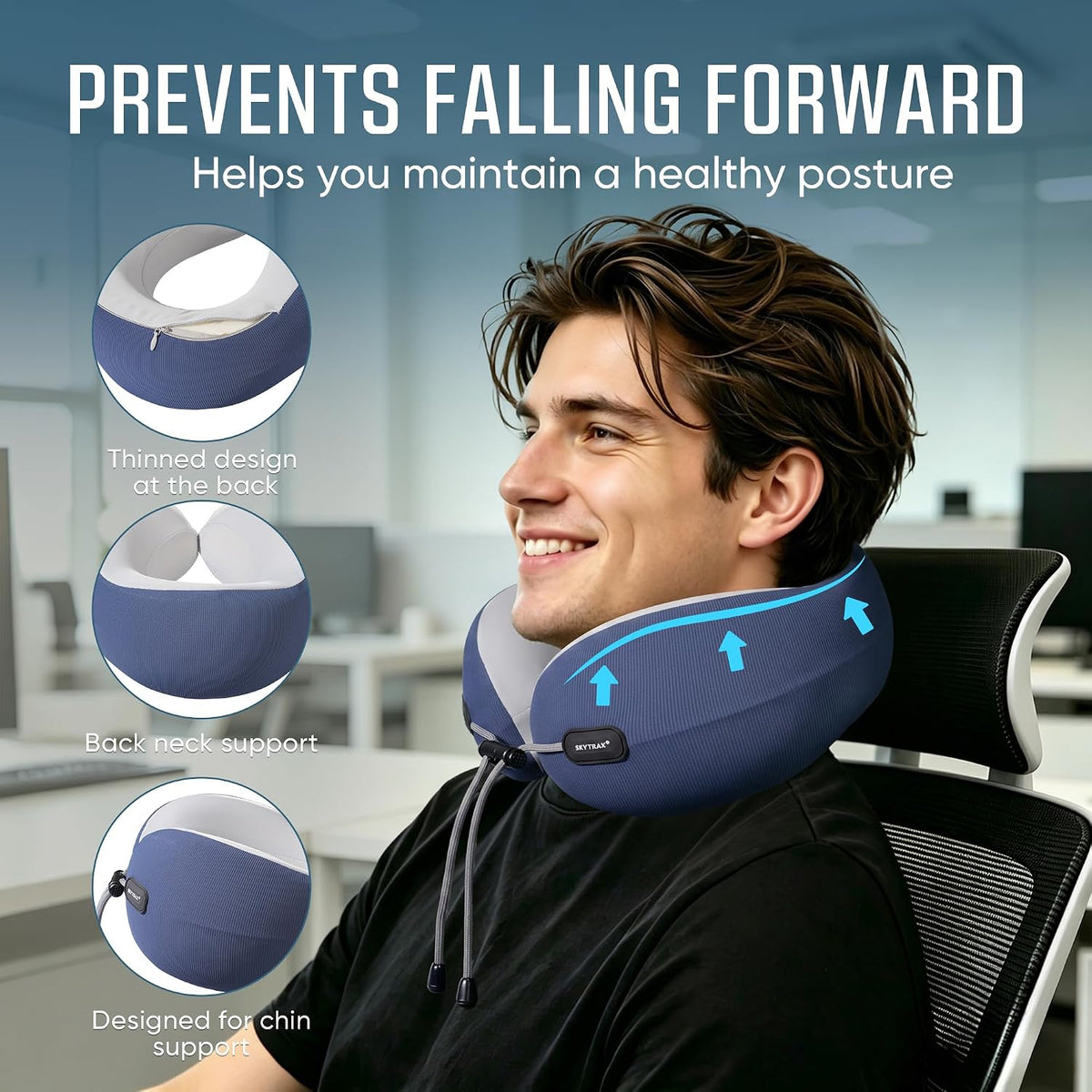 ® Premium Ergonomic Memory Foam Travel Neck Pillow, Washable Cooling Ice Silk Cover, Firm Neck Support for Airplane Long Flights & Pain Relief, with Portable Carry Case (Grey)