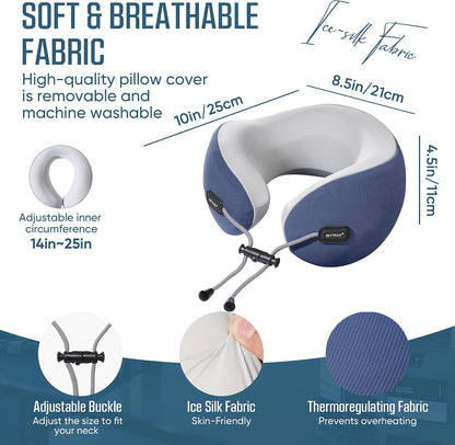 ® Premium Ergonomic Memory Foam Travel Neck Pillow, Washable Cooling Ice Silk Cover, Firm Neck Support for Airplane Long Flights & Pain Relief, with Portable Carry Case (Grey)