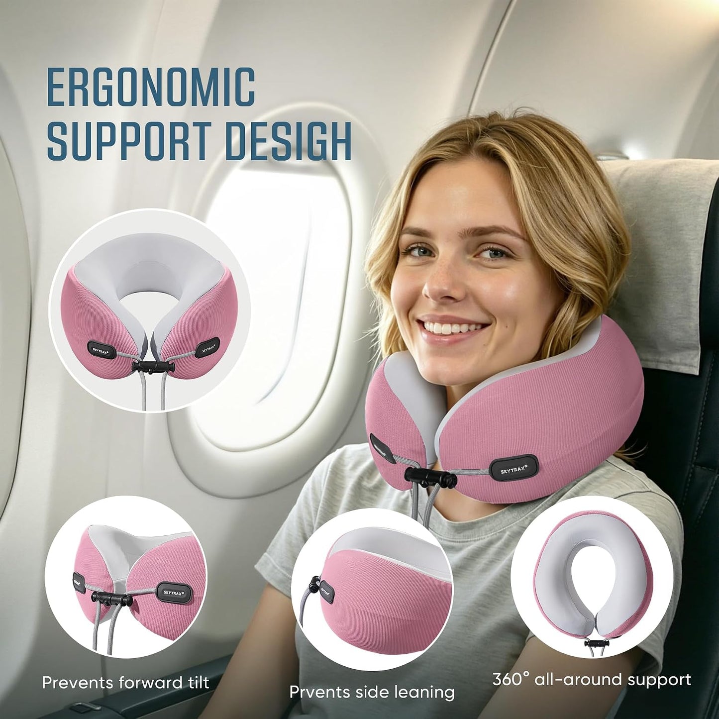 ® Premium Ergonomic Memory Foam Travel Neck Pillow, Washable Cooling Ice Silk Cover, Firm Neck Support for Airplane Long Flights & Pain Relief, with Portable Carry Case (Grey)