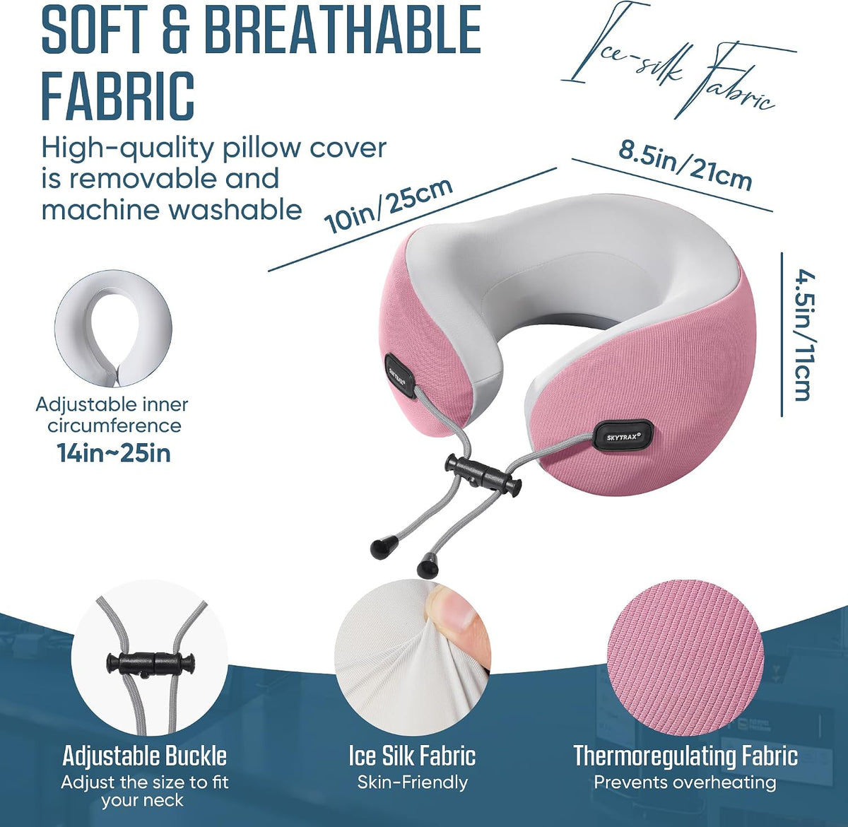 ® Premium Ergonomic Memory Foam Travel Neck Pillow, Washable Cooling Ice Silk Cover, Firm Neck Support for Airplane Long Flights & Pain Relief, with Portable Carry Case (Grey)