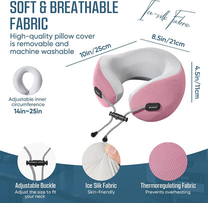 ® Premium Ergonomic Memory Foam Travel Neck Pillow, Washable Cooling Ice Silk Cover, Firm Neck Support for Airplane Long Flights & Pain Relief, with Portable Carry Case (Grey)