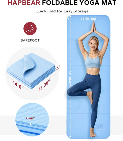 HAPBEAR Foldable Yoga Mat - 72"x24"x0.24" (6mm), Non-Slip TPE Exercise Mat | Ideal for Home Workout, Yoga, Pilates, Stretching & Travel, Durable & Eco-Friendly, Includes Carry Bag
