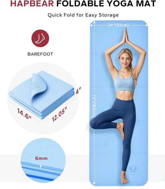 HAPBEAR Foldable Yoga Mat - 72"x24"x0.24" (6mm), Non-Slip TPE Exercise Mat | Ideal for Home Workout, Yoga, Pilates, Stretching & Travel, Durable & Eco-Friendly, Includes Carry Bag