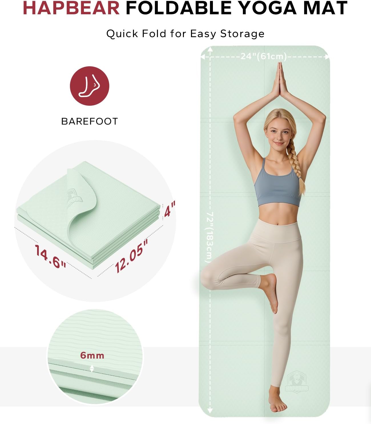 HAPBEAR Foldable Yoga Mat - 72"x24"x0.24" (6mm), Non-Slip TPE Exercise Mat | Ideal for Home Workout, Yoga, Pilates, Stretching & Travel, Durable & Eco-Friendly, Includes Carry Bag