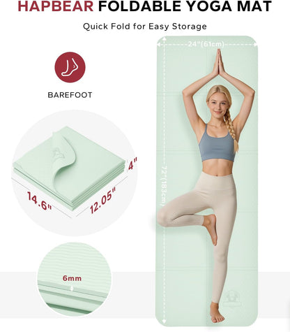 HAPBEAR Foldable Yoga Mat - 72"x24"x0.24" (6mm), Non-Slip TPE Exercise Mat | Ideal for Home Workout, Yoga, Pilates, Stretching & Travel, Durable & Eco-Friendly, Includes Carry Bag