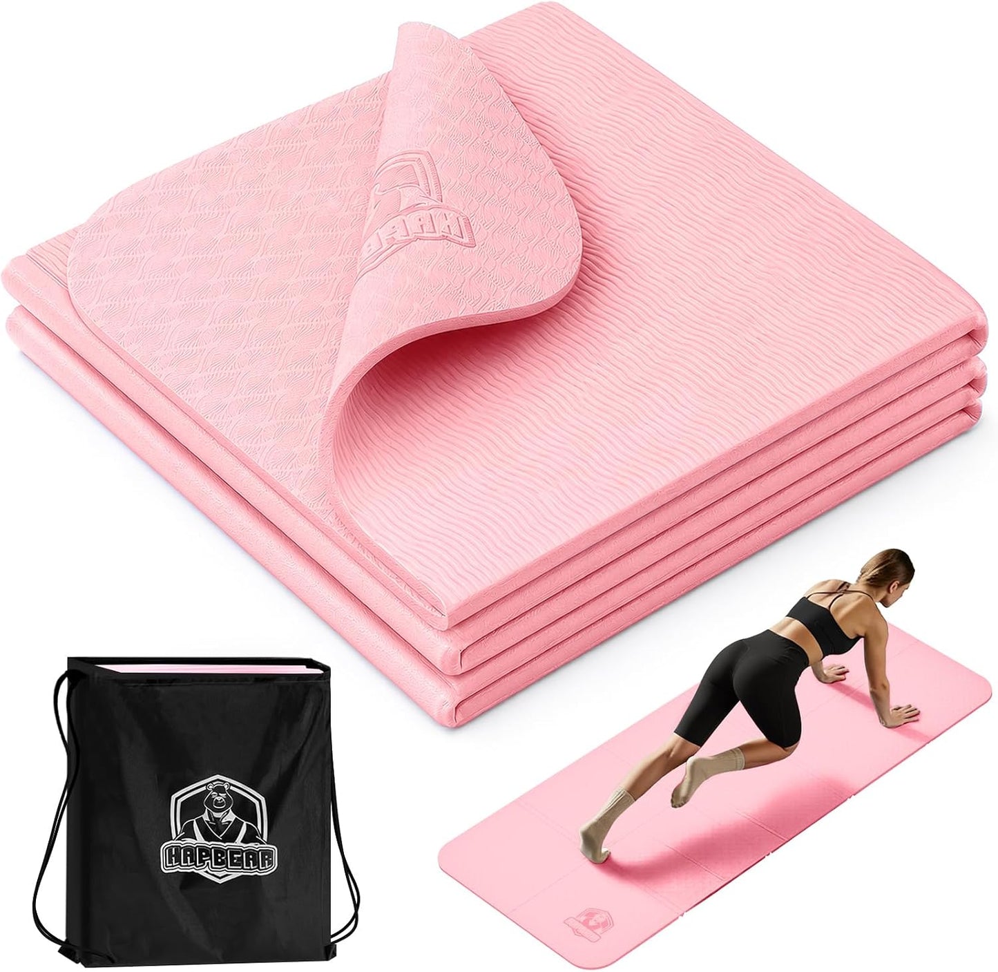 HAPBEAR Foldable Yoga Mat - 72"x24"x0.24" (6mm), Non-Slip TPE Exercise Mat | Ideal for Home Workout, Yoga, Pilates, Stretching & Travel, Durable & Eco-Friendly, Includes Carry Bag