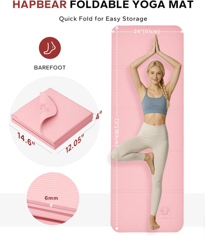 HAPBEAR Foldable Yoga Mat - 72"x24"x0.24" (6mm), Non-Slip TPE Exercise Mat | Ideal for Home Workout, Yoga, Pilates, Stretching & Travel, Durable & Eco-Friendly, Includes Carry Bag
