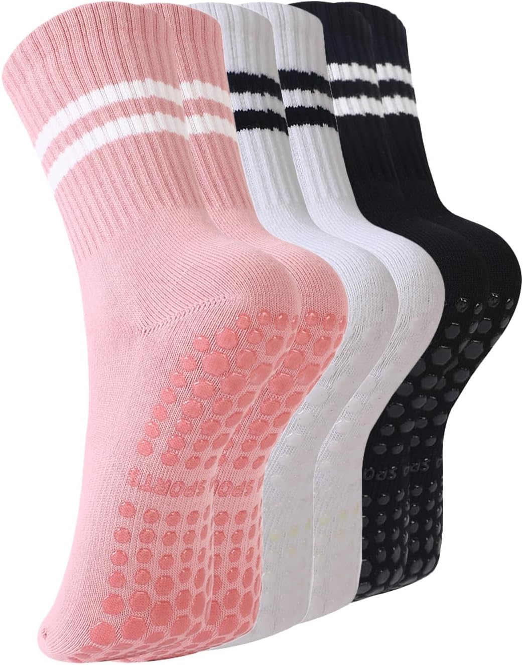 Pilates Socks with Grips for Women, 3 Pairs Womens Grippy Yoga Ballet Barre Hospital Gym Athletic Socks