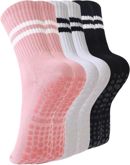 Pilates Socks with Grips for Women, 3 Pairs Womens Grippy Yoga Ballet Barre Hospital Gym Athletic Socks