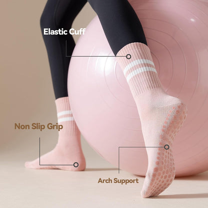 Pilates Socks with Grips for Women, 3 Pairs Womens Grippy Yoga Ballet Barre Hospital Gym Athletic Socks