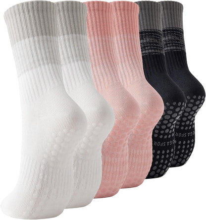 Pilates Socks with Grips for Women, 3 Pairs Womens Grippy Yoga Ballet Barre Hospital Gym Athletic Socks