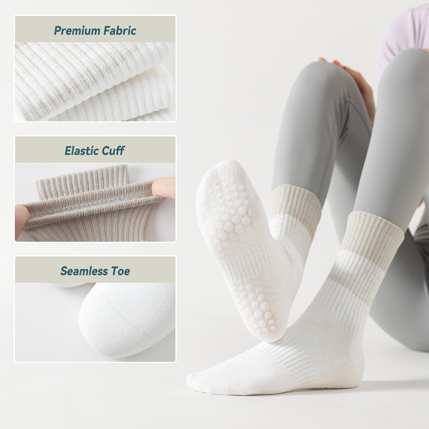 Pilates Socks with Grips for Women, 3 Pairs Womens Grippy Yoga Ballet Barre Hospital Gym Athletic Socks