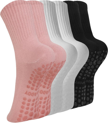 Pilates Socks with Grips for Women, 3 Pairs Womens Grippy Yoga Ballet Barre Hospital Gym Athletic Socks