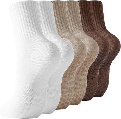 Pilates Socks with Grips for Women, 3 Pairs Womens Grippy Yoga Ballet Barre Hospital Gym Athletic Socks