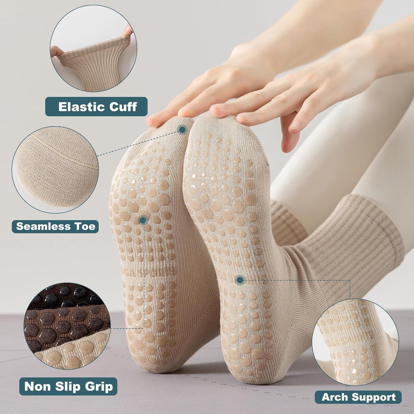 Pilates Socks with Grips for Women, 3 Pairs Womens Grippy Yoga Ballet Barre Hospital Gym Athletic Socks