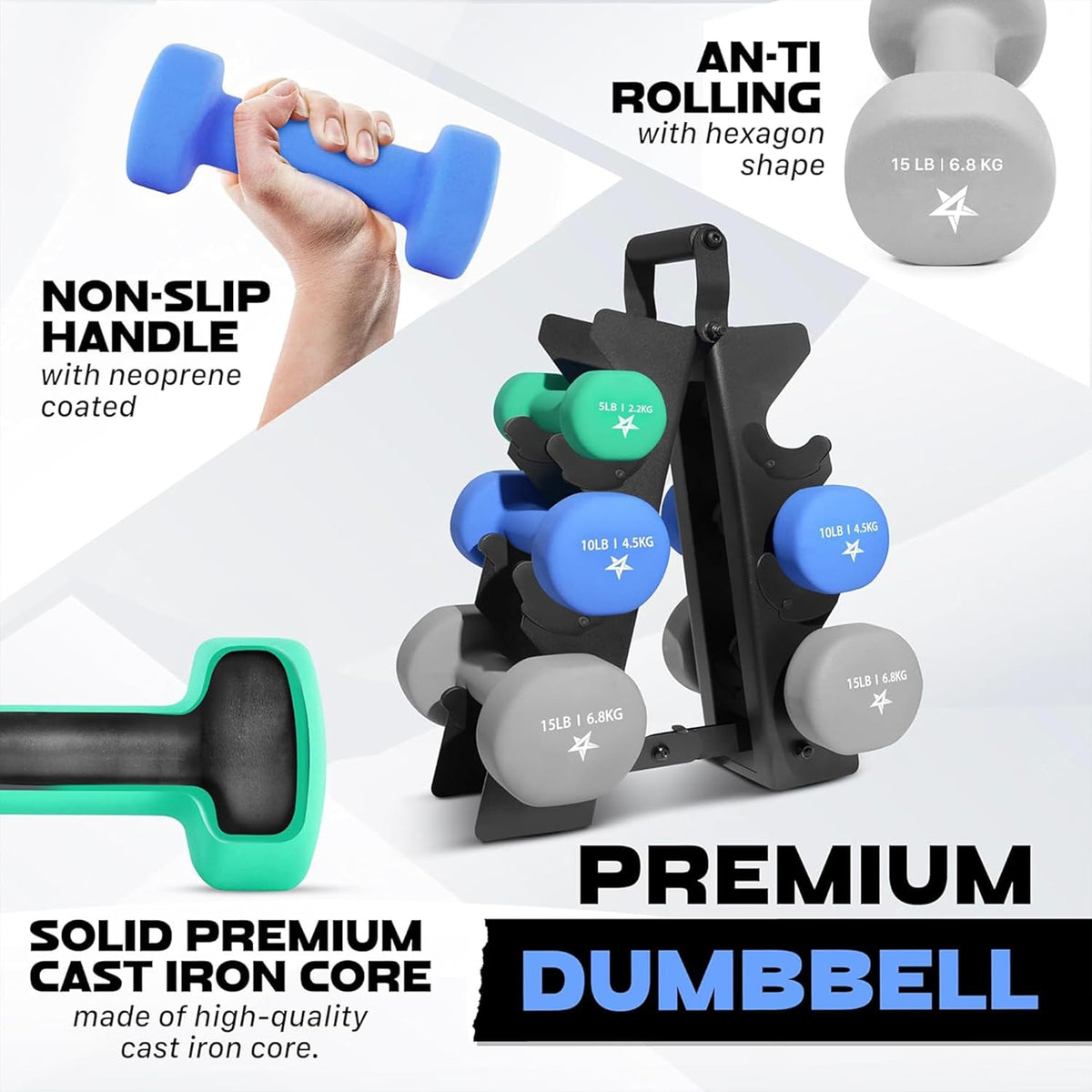Neoprene Coated Dumbbell Hand Weight Sets of 2 - Multiple Weight Options with 15 Colors, Anti-roll, Anti-Slip, Hexagon Shape