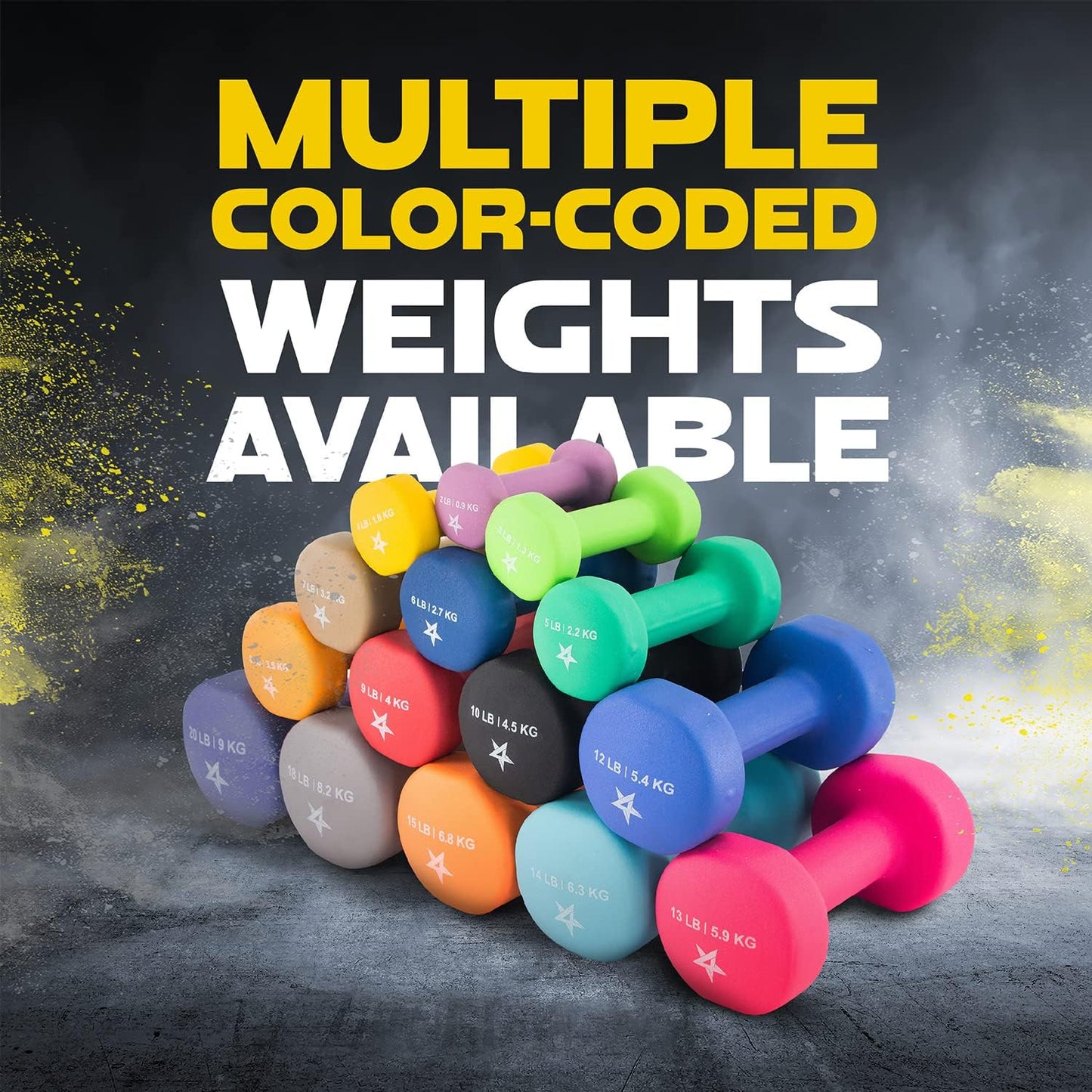 Neoprene Coated Dumbbell Hand Weight Sets of 2 - Multiple Weight Options with 15 Colors, Anti-roll, Anti-Slip, Hexagon Shape