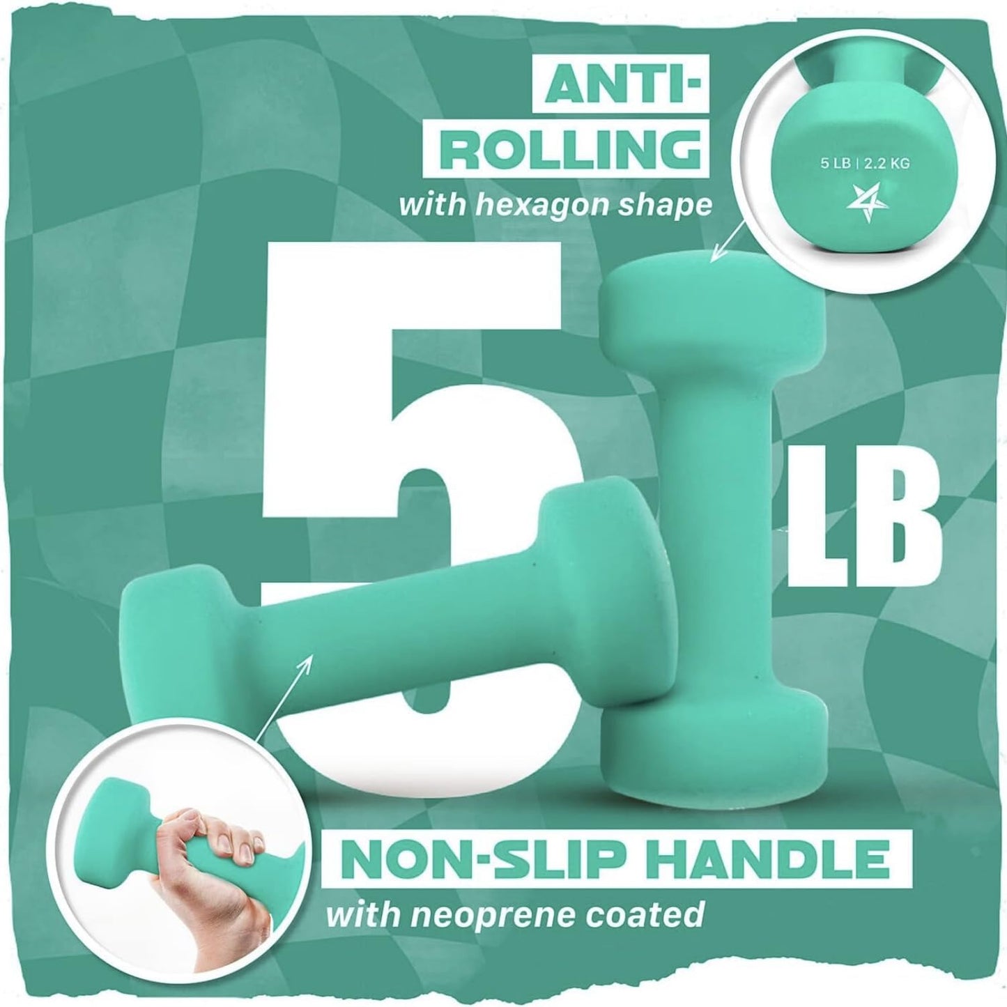 Neoprene Coated Dumbbell Hand Weight Sets of 2 - Multiple Weight Options with 15 Colors, Anti-roll, Anti-Slip, Hexagon Shape