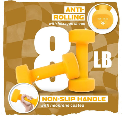 Neoprene Coated Dumbbell Hand Weight Sets of 2 - Multiple Weight Options with 15 Colors, Anti-roll, Anti-Slip, Hexagon Shape