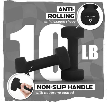 Neoprene Coated Dumbbell Hand Weight Sets of 2 - Multiple Weight Options with 15 Colors, Anti-roll, Anti-Slip, Hexagon Shape