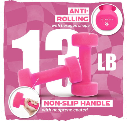 Neoprene Coated Dumbbell Hand Weight Sets of 2 - Multiple Weight Options with 15 Colors, Anti-roll, Anti-Slip, Hexagon Shape