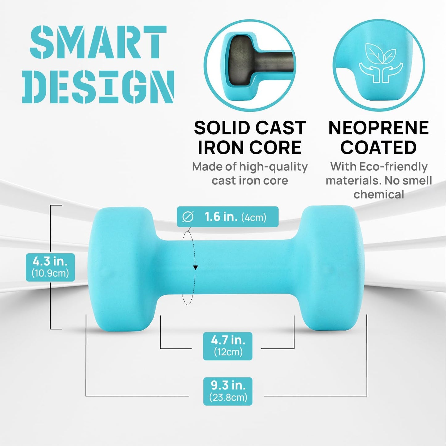 Neoprene Coated Dumbbell Hand Weight Sets of 2 - Multiple Weight Options with 15 Colors, Anti-roll, Anti-Slip, Hexagon Shape