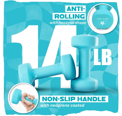 Neoprene Coated Dumbbell Hand Weight Sets of 2 - Multiple Weight Options with 15 Colors, Anti-roll, Anti-Slip, Hexagon Shape