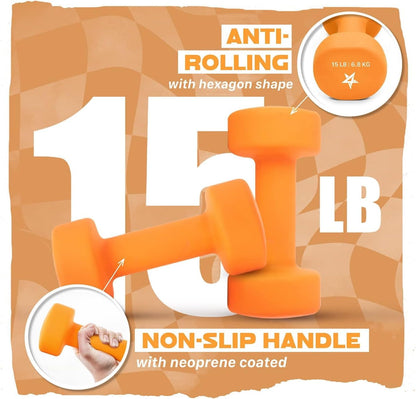 Neoprene Coated Dumbbell Hand Weight Sets of 2 - Multiple Weight Options with 15 Colors, Anti-roll, Anti-Slip, Hexagon Shape