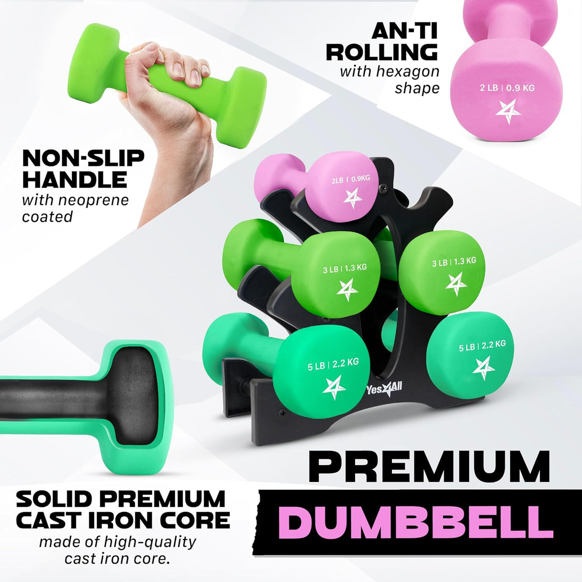 Neoprene Coated Dumbbell Hand Weight Sets of 2 - Multiple Weight Options with 15 Colors, Anti-roll, Anti-Slip, Hexagon Shape