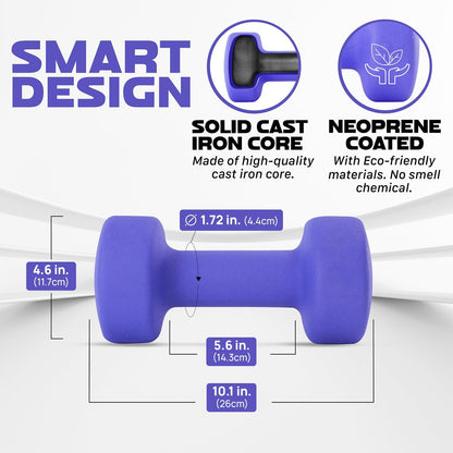 Neoprene Coated Dumbbell Hand Weight Sets of 2 - Multiple Weight Options with 15 Colors, Anti-roll, Anti-Slip, Hexagon Shape