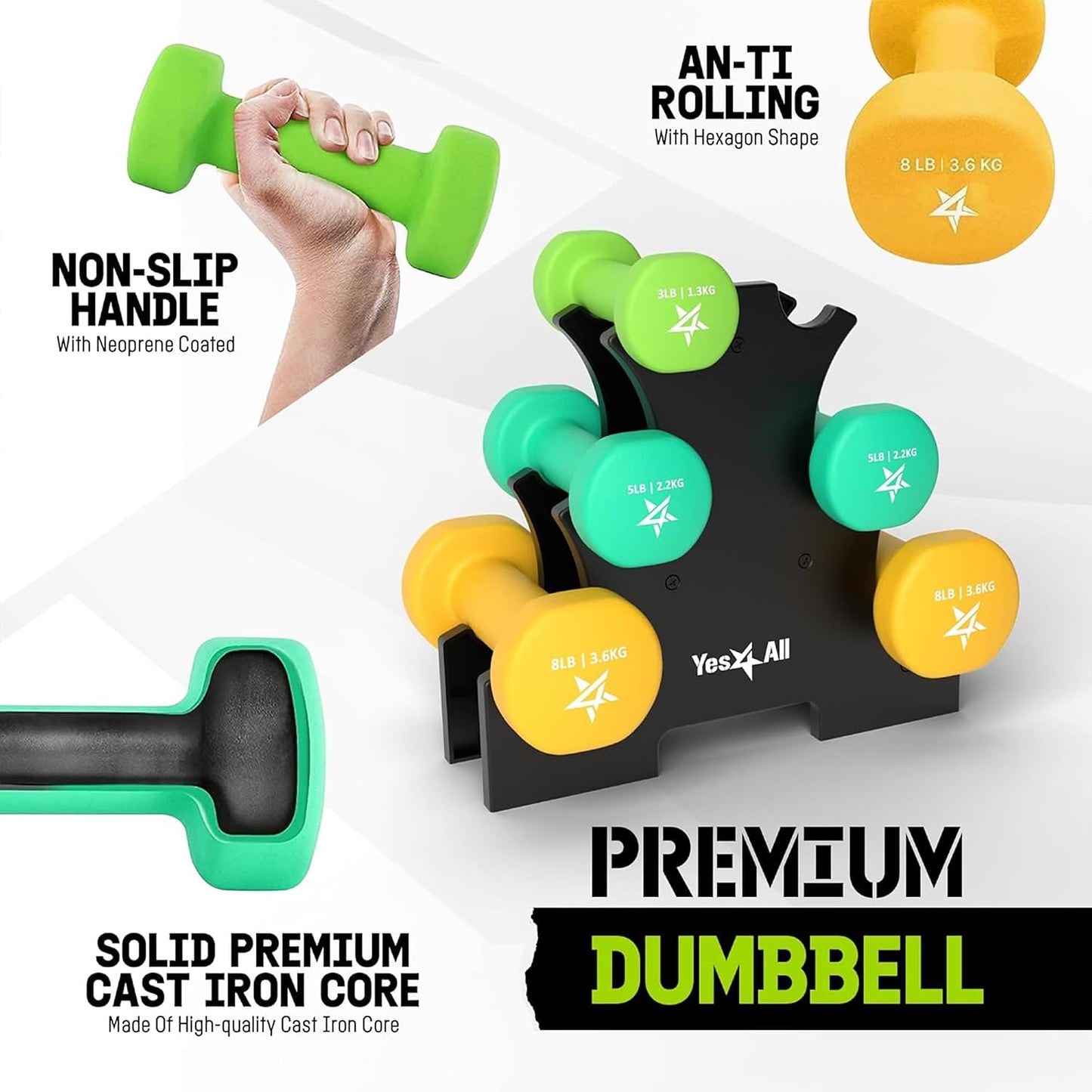 Neoprene Coated Dumbbell Hand Weight Sets of 2 - Multiple Weight Options with 15 Colors, Anti-roll, Anti-Slip, Hexagon Shape