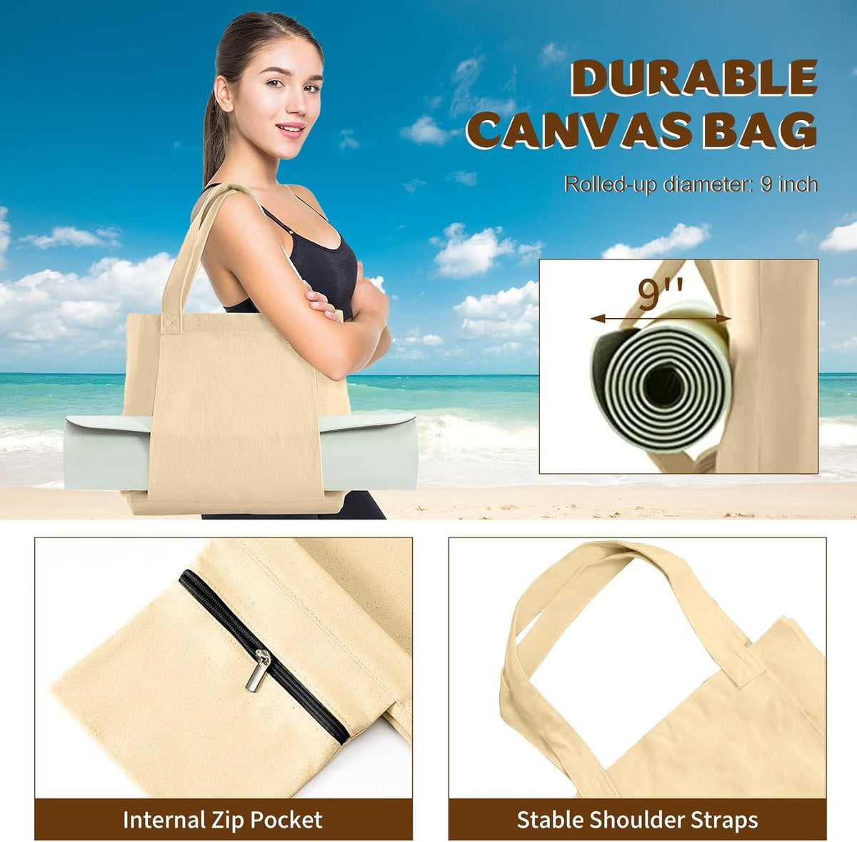 Yoga Mat Carrier, Gym Bag With Yoga Mat Holder, Women Canvas Tote With Shoulder Strap For Pilates, Travel, Office, Sports, Workout And Beach – Inner Zippered Pocket, Fits Standard And Small Mats
