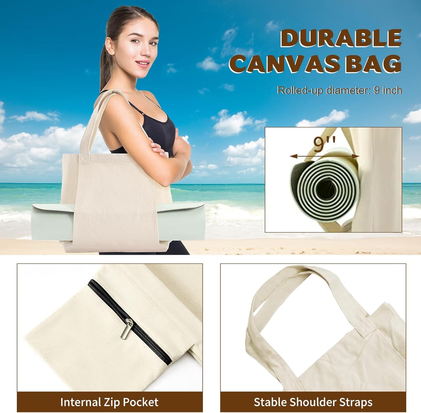 Yoga Mat Carrier, Gym Bag With Yoga Mat Holder, Women Canvas Tote With Shoulder Strap For Pilates, Travel, Office, Sports, Workout And Beach – Inner Zippered Pocket, Fits Standard And Small Mats