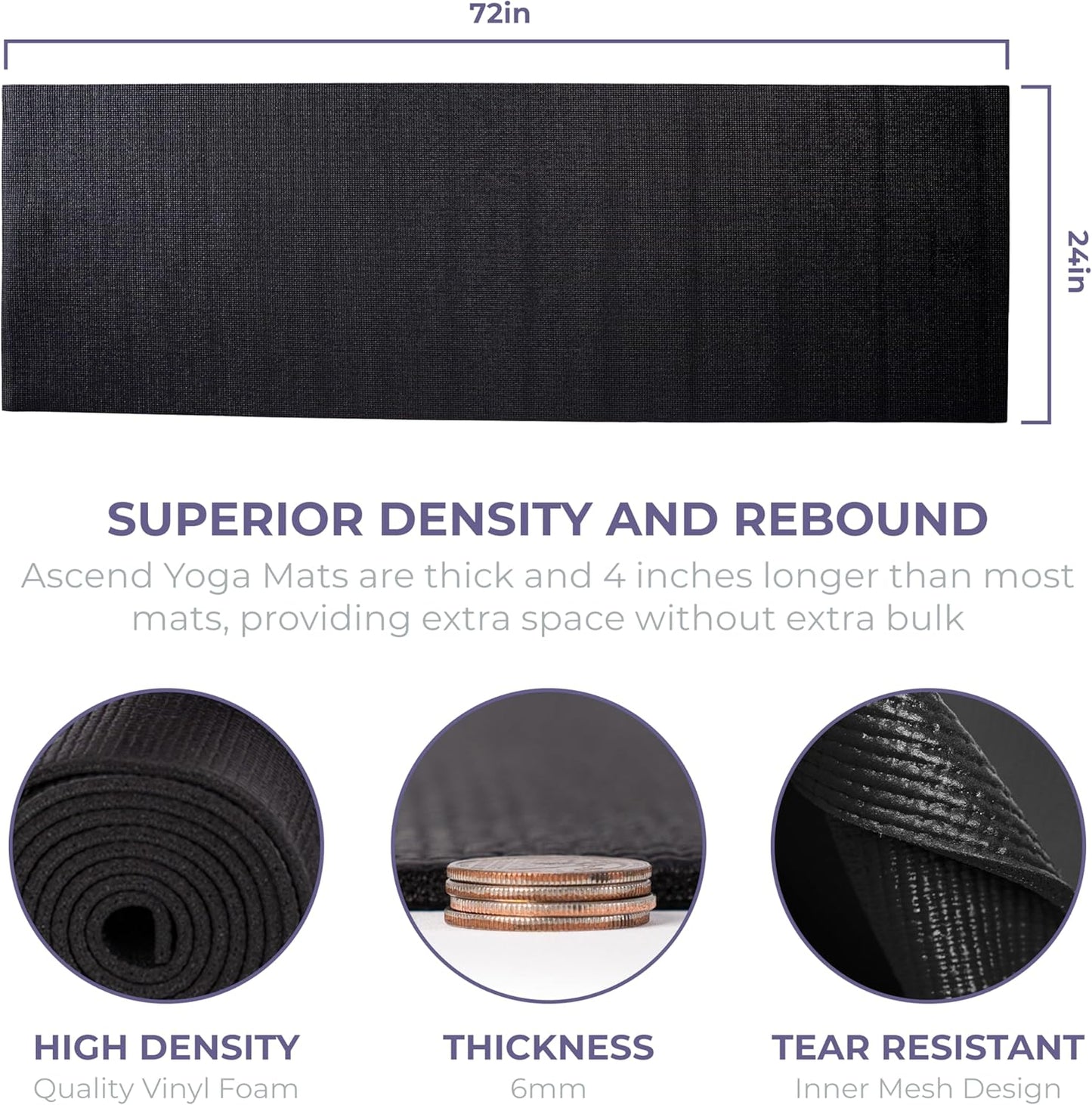 Ascend 6mm Thick Yoga Mat, 72x24in | Premium Non Slip Exercise Mat for Pilates, Workout, Stretching, Fitness, Training - Gym Mat for Home and Studio