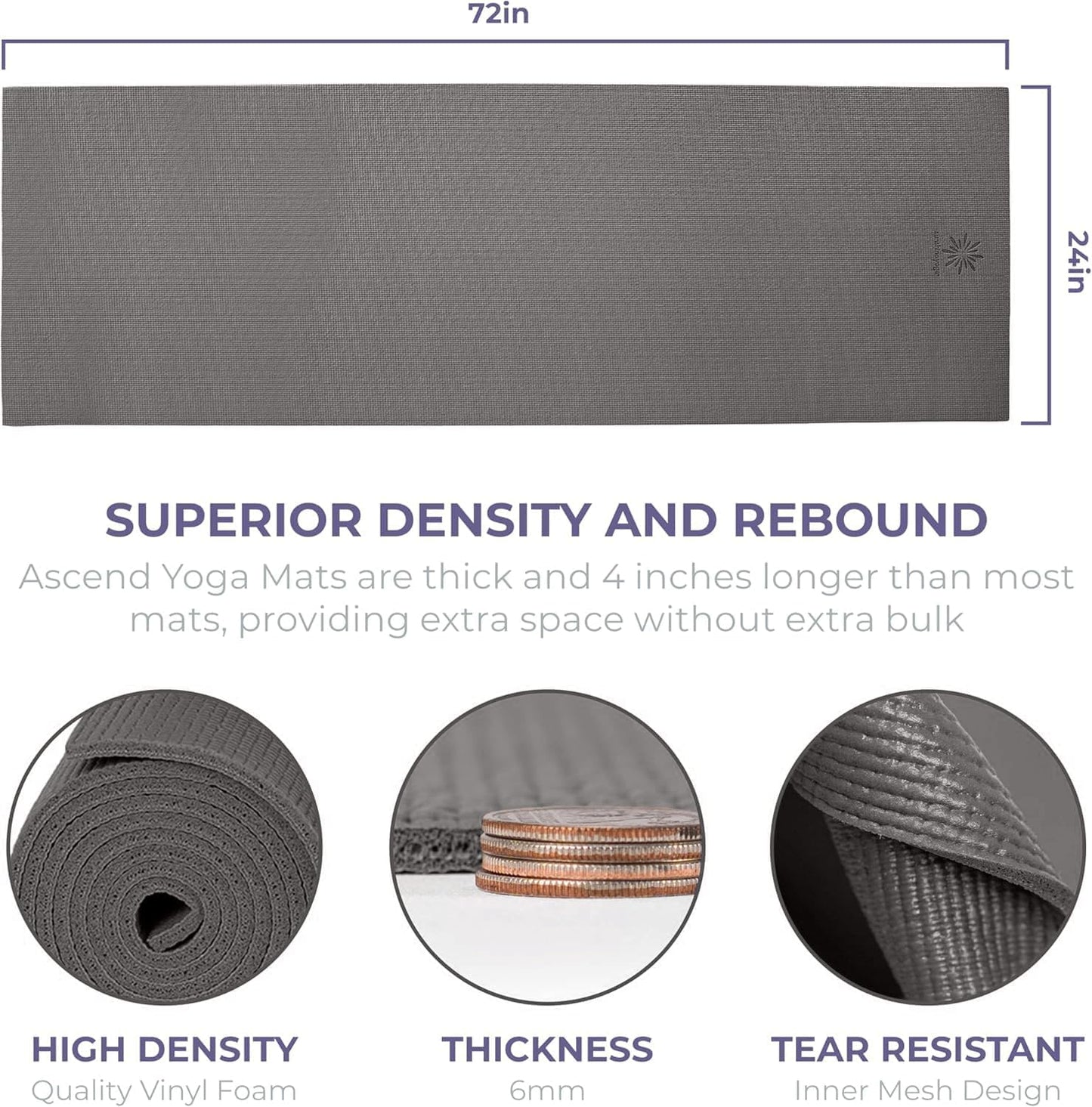 Ascend 6mm Thick Yoga Mat, 72x24in | Premium Non Slip Exercise Mat for Pilates, Workout, Stretching, Fitness, Training - Gym Mat for Home and Studio