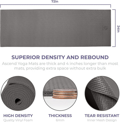 Ascend 6mm Thick Yoga Mat, 72x24in | Premium Non Slip Exercise Mat for Pilates, Workout, Stretching, Fitness, Training - Gym Mat for Home and Studio