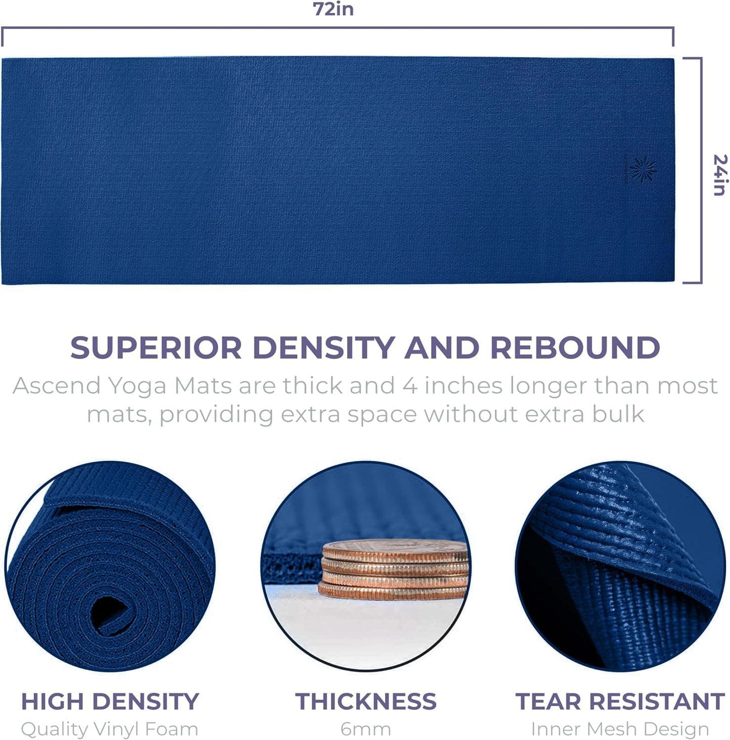 Ascend 6mm Thick Yoga Mat, 72x24in | Premium Non Slip Exercise Mat for Pilates, Workout, Stretching, Fitness, Training - Gym Mat for Home and Studio